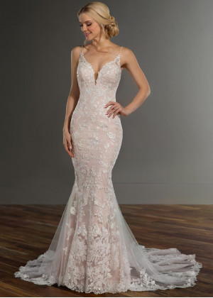 Sleeveless Beaded Ivory Lace Tulle Deep V Back Wedding Dress With Pink Lining